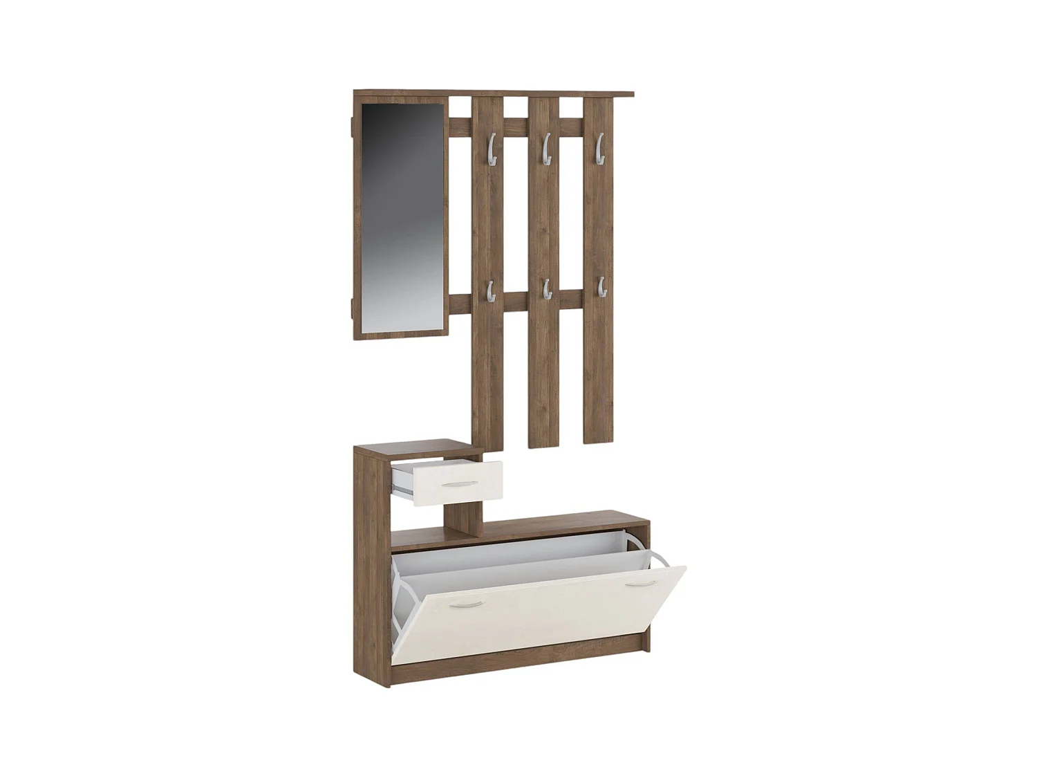 Meuble d'entrée Clint, Entrée moderne, Armoire avec étagère à chaussures, Armoire polyvalente avec miroir et cintre, 100x25h180 cm, Chêne et Blanc