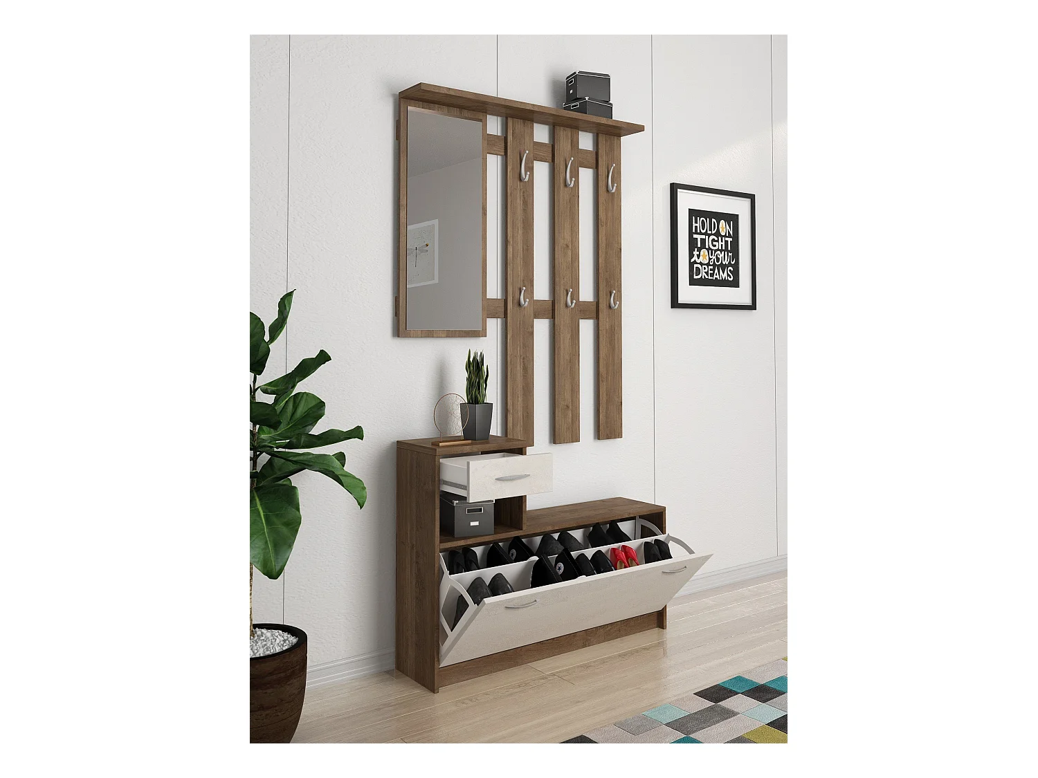 Meuble d'entrée Clint, Entrée moderne, Armoire avec étagère à chaussures, Armoire polyvalente avec miroir et cintre, 100x25h180 cm, Chêne et Blanc