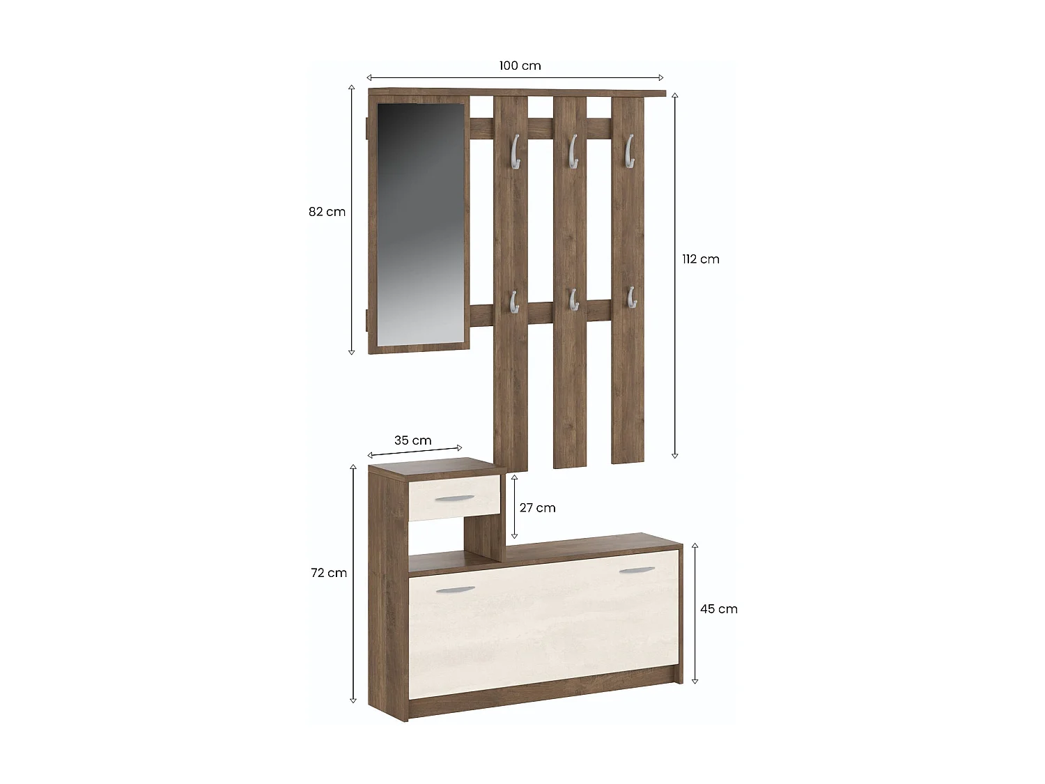 Eingangsmöbel Clint, Moderner Eingangsbereich mit Spiegel, Schrank mit Schuhregal, Multifunktionsschrank, 100x25h180 cm, WeiÃŸ und Eiche