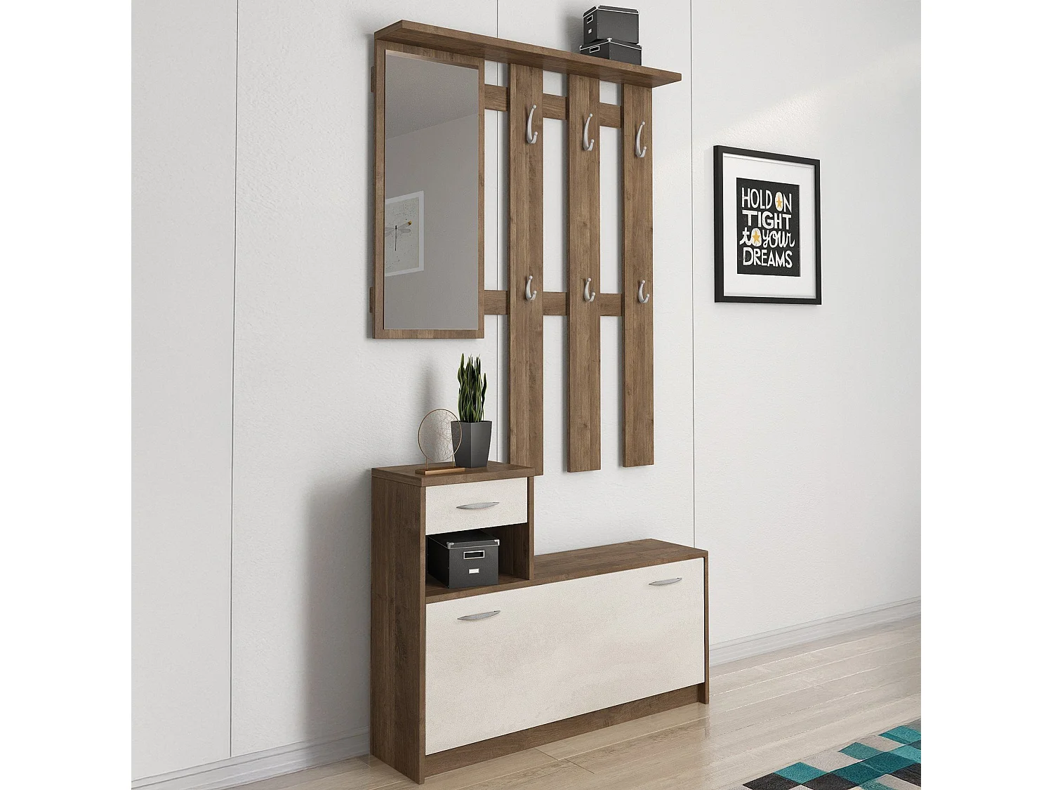 Sargassi Hal meubel 25,5x100x190h cm Wit (Spiegel Inbegrepen) 2 Planken, 8 Paar