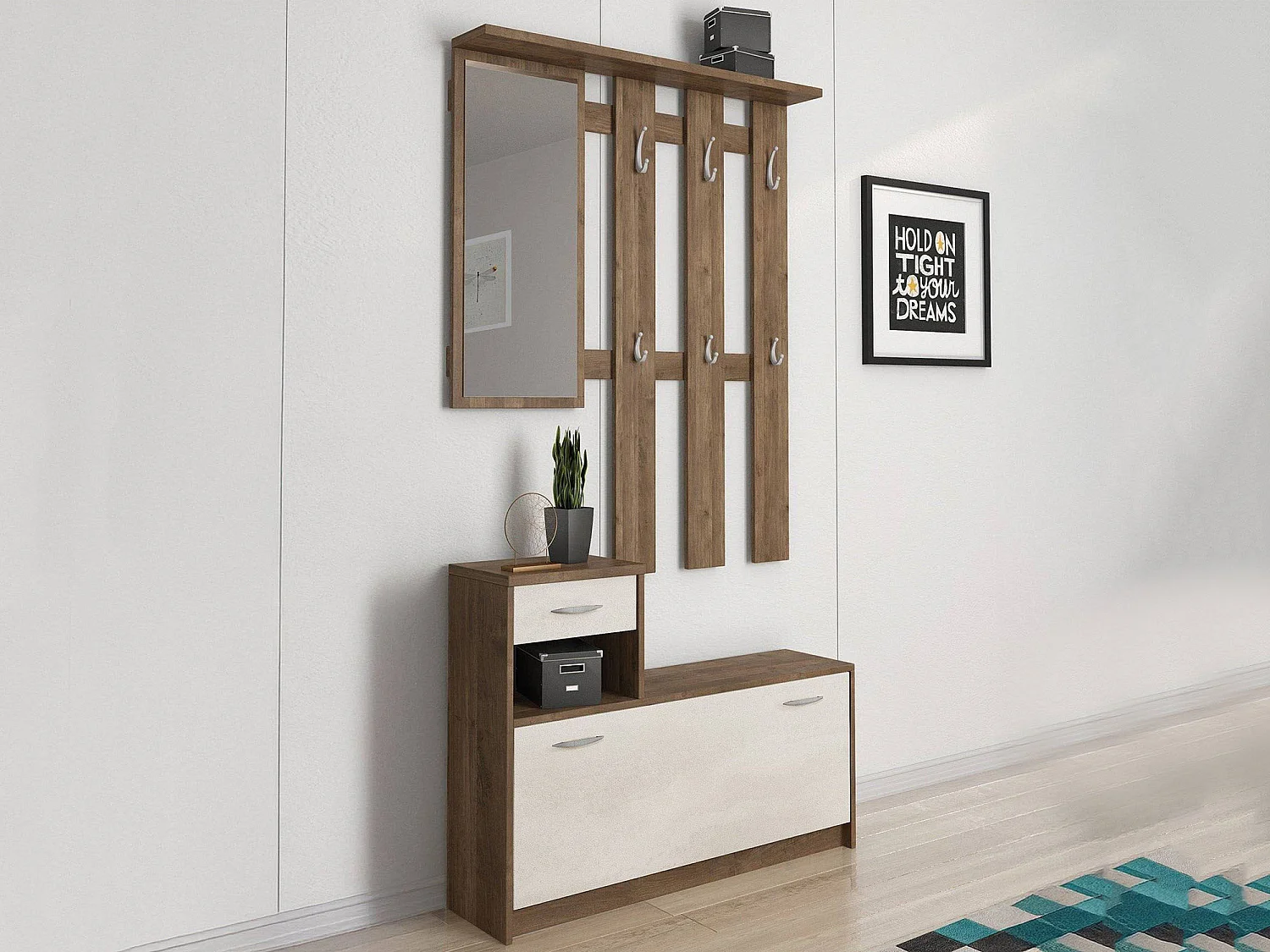 Meuble d'entrée Clint, Entrée moderne, Armoire avec étagère à chaussures, Armoire polyvalente avec miroir et cintre, 100x25h180 cm, Chêne et Blanc