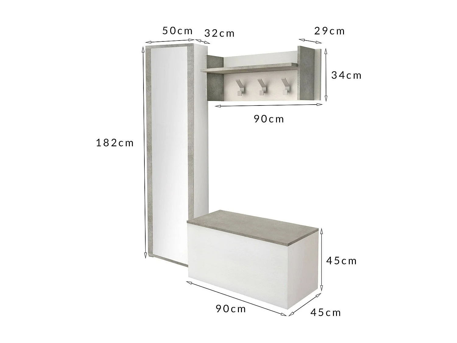 Eingangsmöbel Mirtilla, Moderner Eingangsbereich mit Kleiderbügel, Möbel mit Schuhregal, Schrank mit Spiegel, Cm 50x32h182, WeiÃŸ und Zement