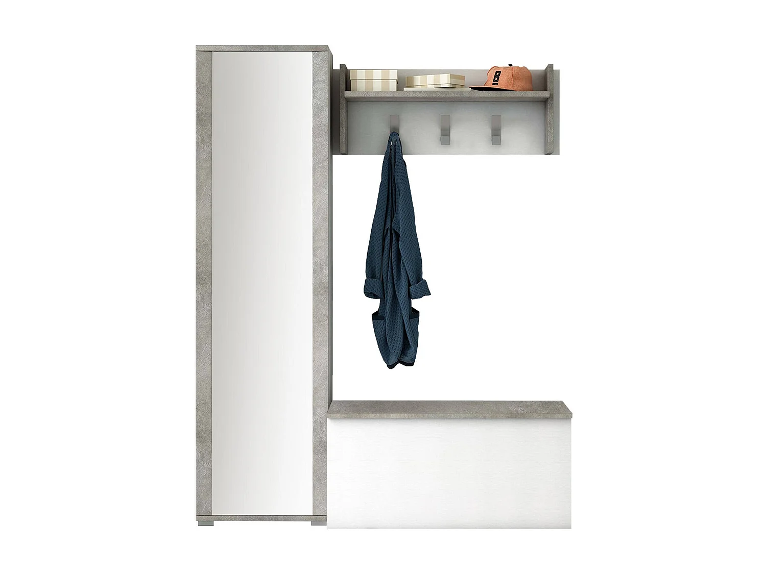 Eingangsmöbel Mirtilla, Moderner Eingangsbereich mit Kleiderbügel, Möbel mit Schuhregal, Schrank mit Spiegel, Cm 50x32h182, WeiÃŸ und Zement