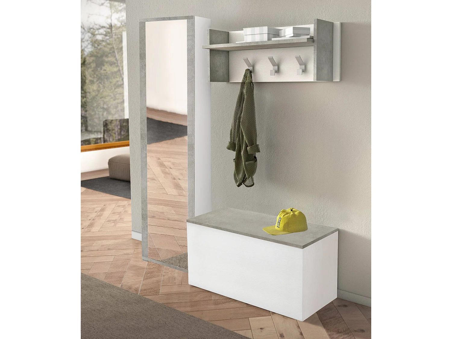 Meuble d'entrée Djohnse, Entrée moderne avec portemanteau, Meuble avec étagère à chaussures, Meuble avec miroir, 50x32h182 cm, Blanc et Ciment