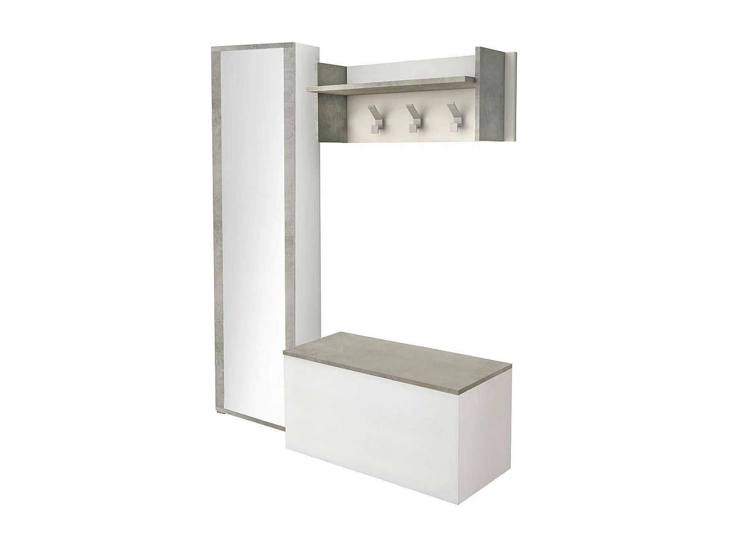 Djohnse entreemeubel, Moderne entree met kleerhanger, Kast met schoenenrek, Kast met spiegel, 50x32h182 cm, Wit en Cement