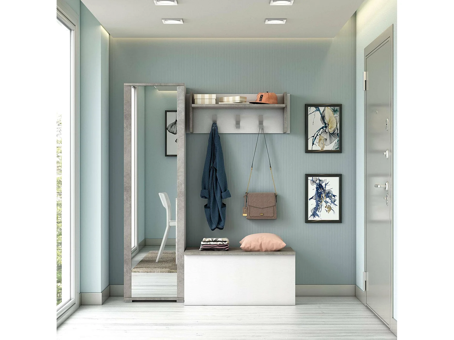 Meuble d'entrée Djohnse, Entrée moderne avec portemanteau, Meuble avec étagère à chaussures, Meuble avec miroir, 50x32h182 cm, Blanc et Ciment