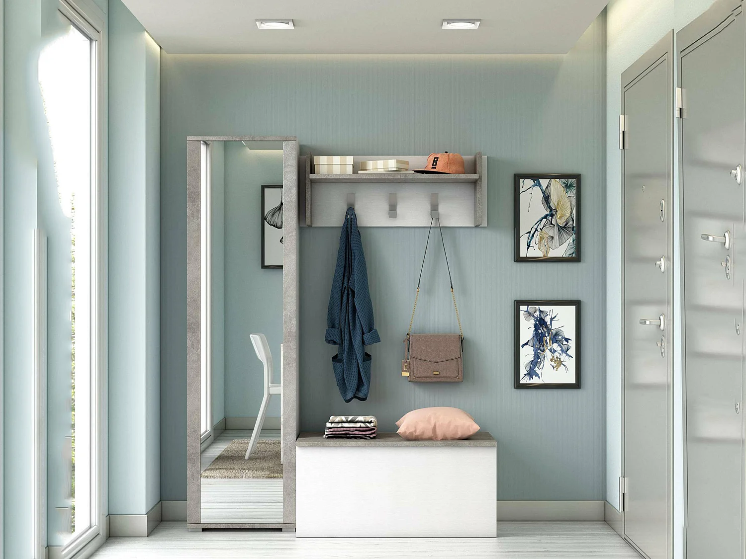 Djohnse entreemeubel, Moderne entree met kleerhanger, Kast met schoenenrek, Kast met spiegel, 50x32h182 cm, Wit en Cement