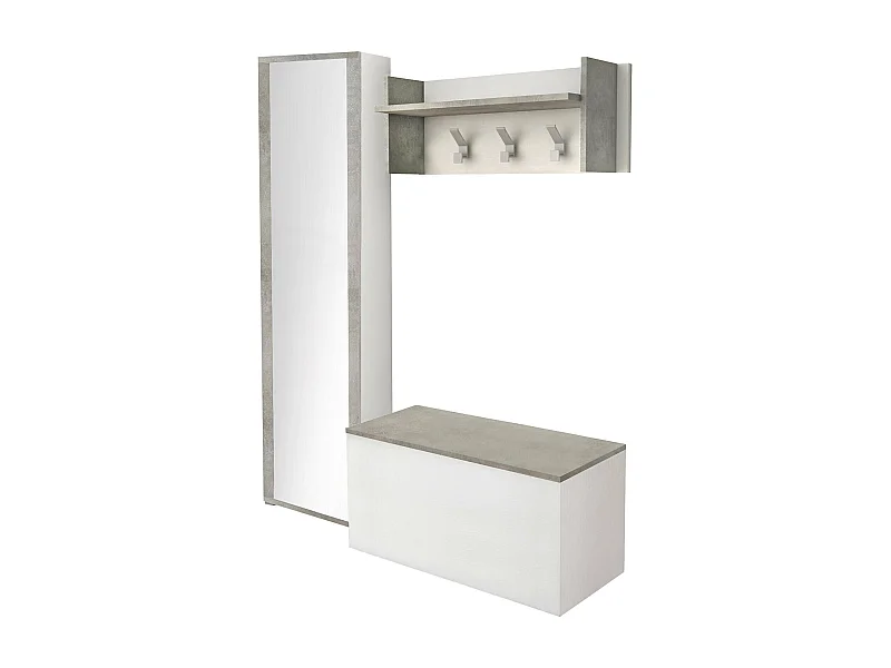 Djohnse entreemeubel, Moderne entree met kleerhanger, Kast met schoenenrek, Kast met spiegel, 50x32h182 cm, Wit en Cement