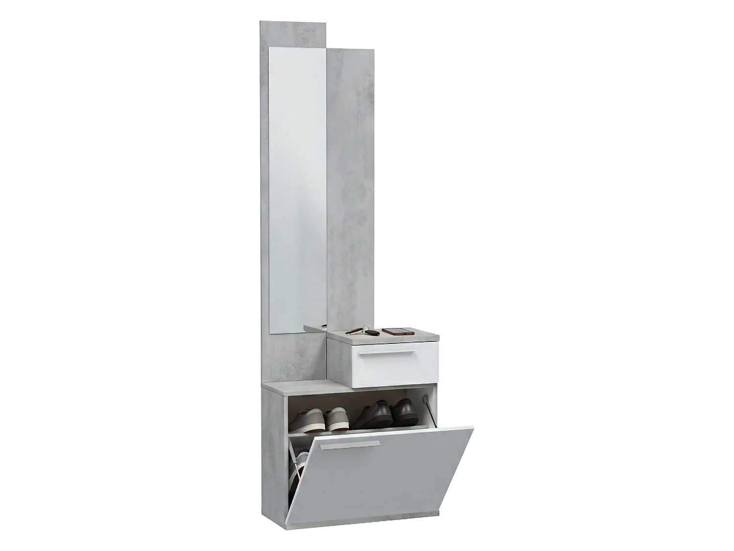 Meuble d'entrée Dner, Étagère à chaussures multifonctionnelle avec miroir, armoire 1 porte et 1 tiroir, 61x28h185 cm, Ciment et Blanc Brillant