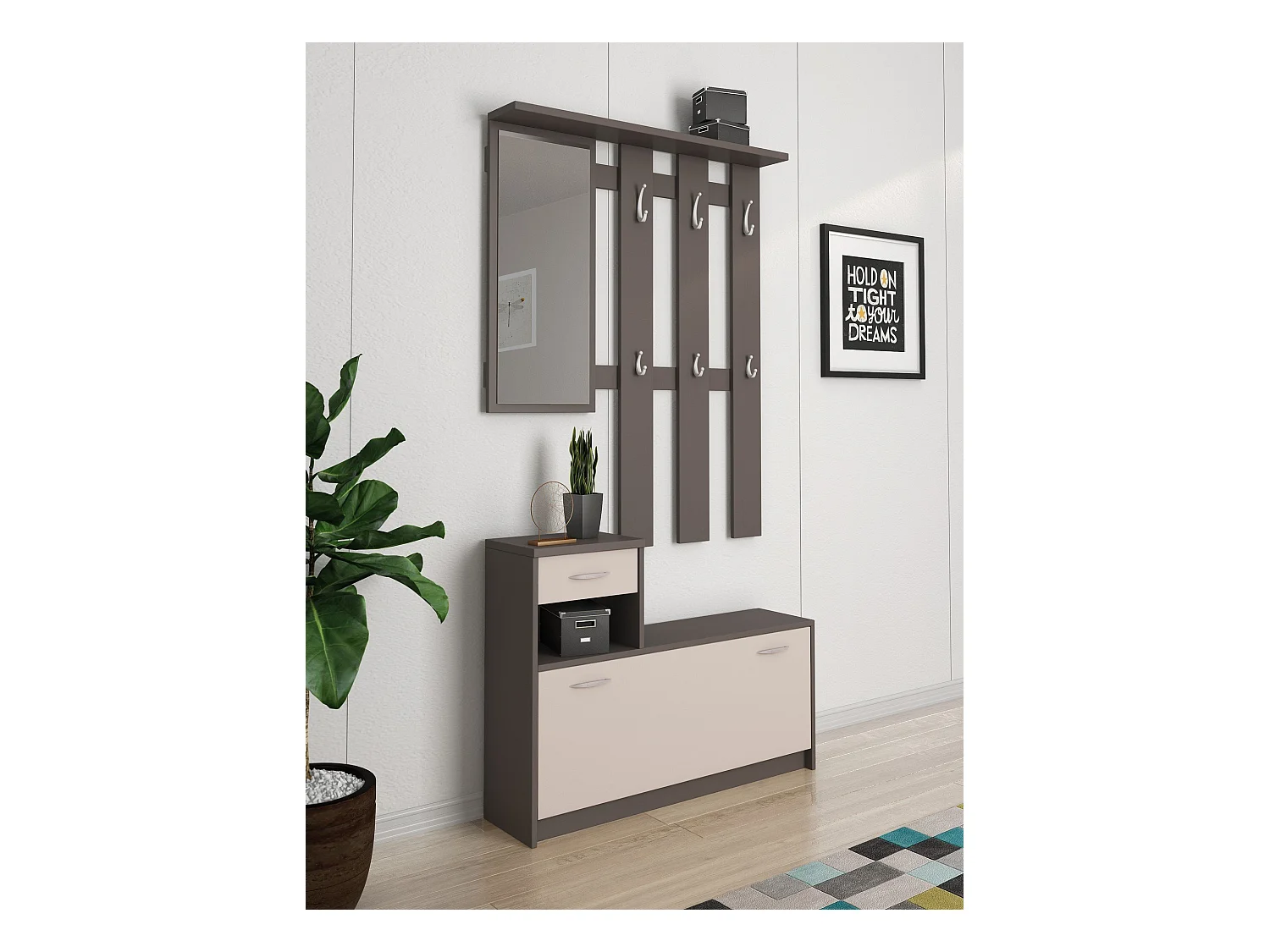 Meuble d'entrée Dbiagin, Entrée moderne, Armoire avec étagère à chaussures, Armoire polyvalente avec miroir et cintre, 100x25h180 cm, Anthracite et Blanc