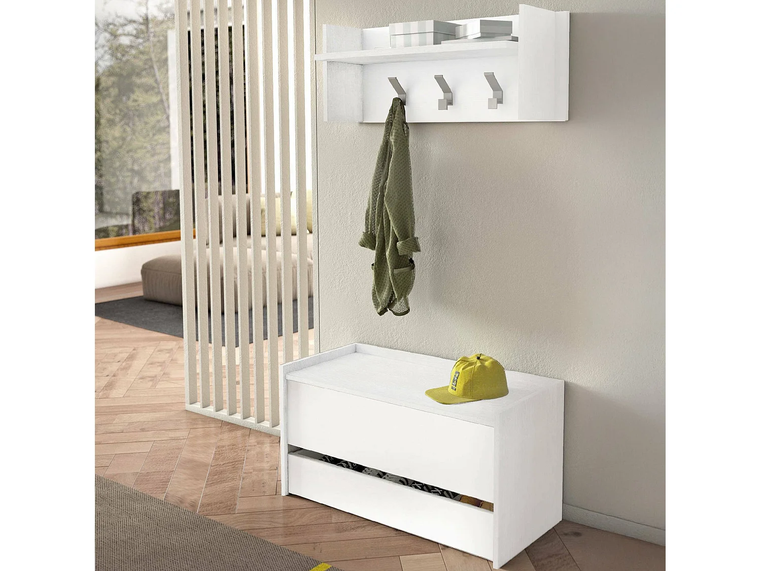 Meuble d'entrée Brionia, Entrée moderne avec portemanteau, Armoire avec étagère à chaussures, Armoire multifonctionnelle, 50x32h182 cm, Blanc