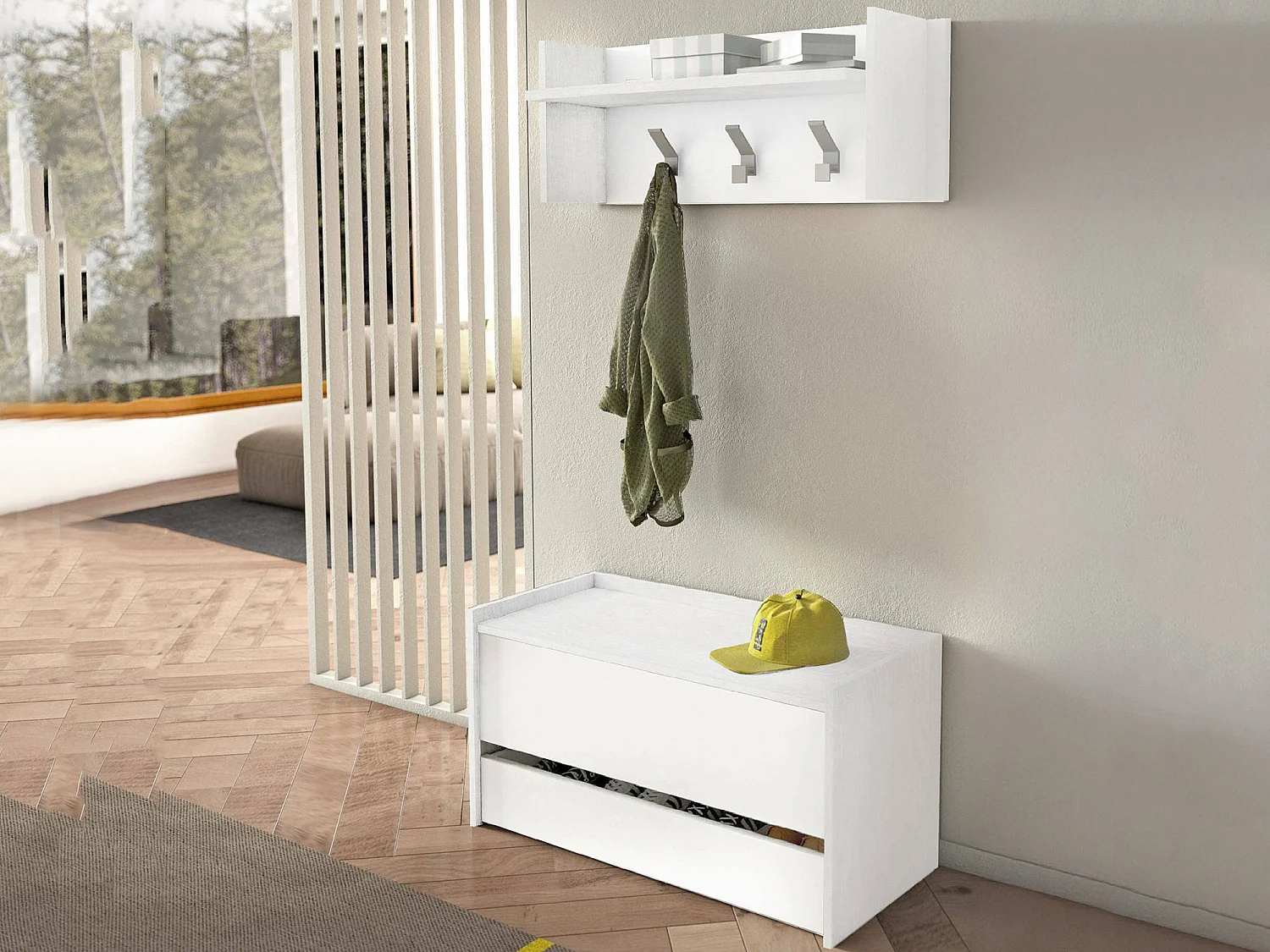 Eingangsmöbel Dap, Moderner Eingangsbereich mit Kleiderbügel, Möbel mit Schuhregal, Multifunktionsschrank, Cm 50x32h182, WeiÃŸ