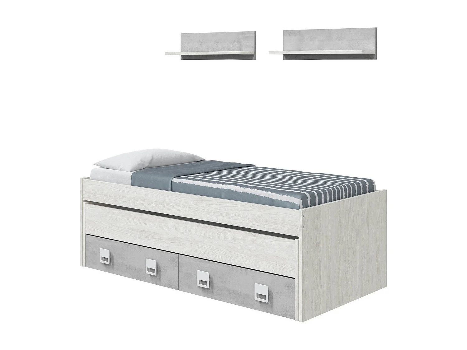 Kinderbett Waycross, Bettgestell für Schlafzimmer, Einzelbett mit ausziehbarem Bett und 2 Schubladen und 2 Regalen, 199x96h65, WeiÃŸ und Zement