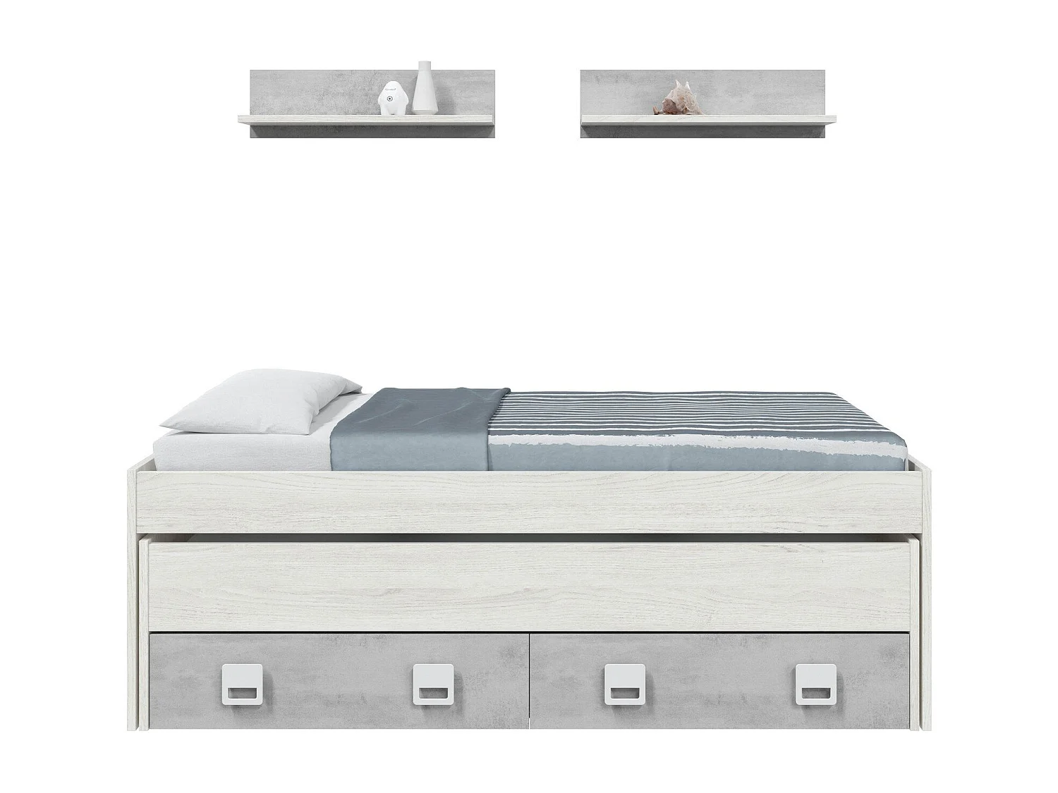 Kinderbett Waycross, Bettgestell für Schlafzimmer, Einzelbett mit ausziehbarem Bett und 2 Schubladen und 2 Regalen, 199x96h65, WeiÃŸ und Zement