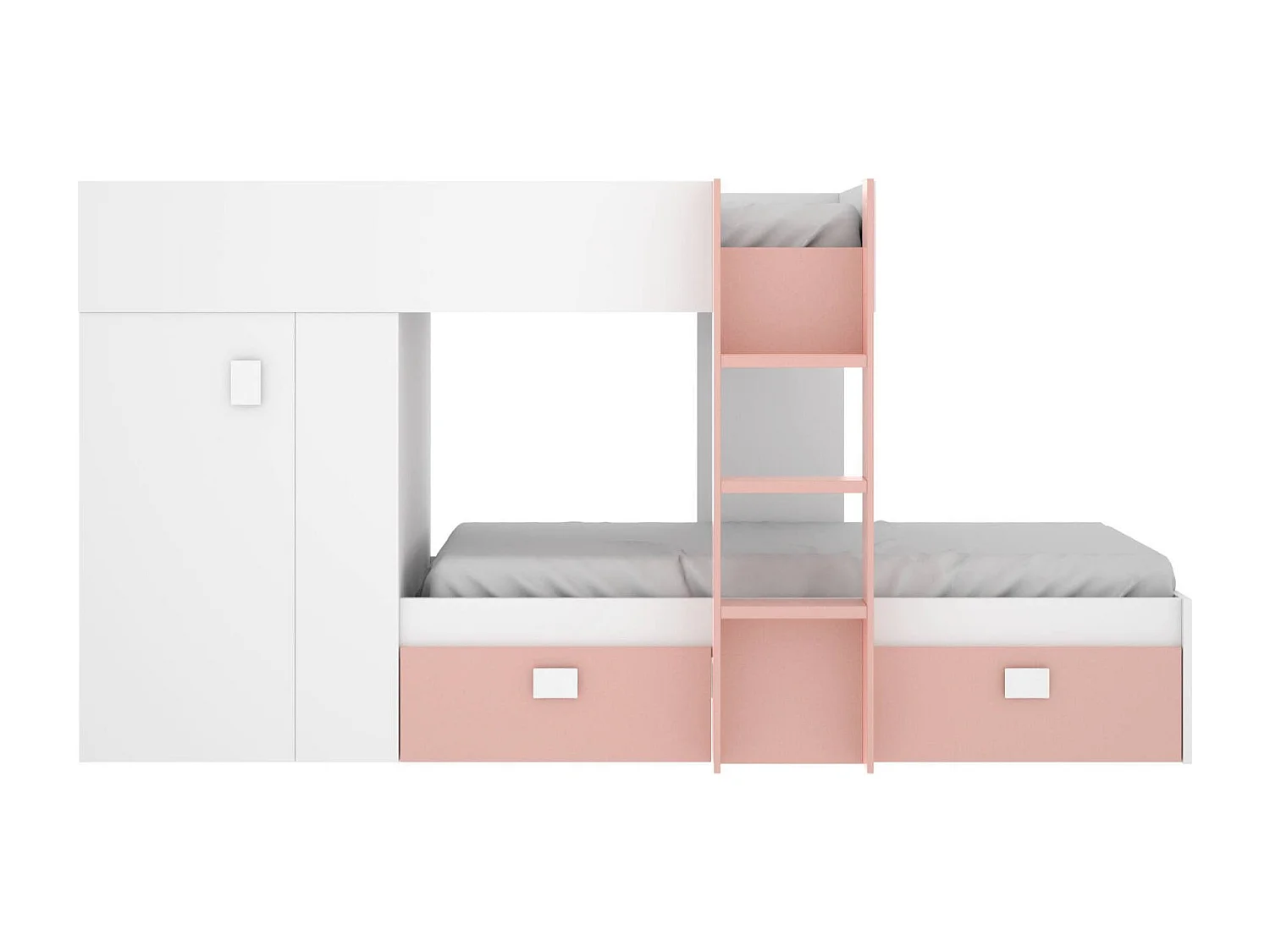 Lit enfant Cevedale, Chambre complète avec armoire et tiroirs, Composition de lits superposés avec deux lits simples, 271x111h150 cm, Blanc et Rose