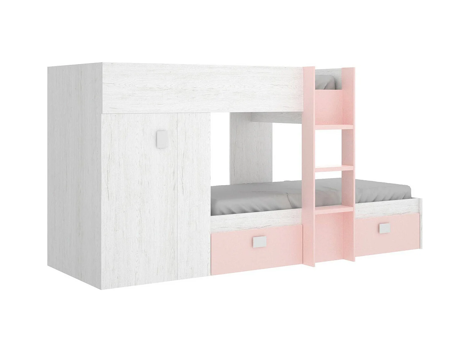 Lit enfant Cevedale, Chambre complète avec armoire et tiroirs, Composition de lits superposés avec deux lits simples, 271x111h150 cm, Blanc et Rose