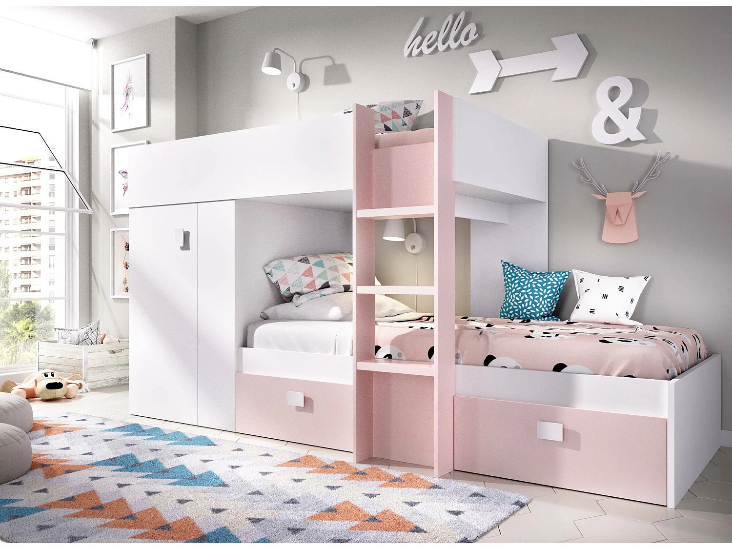 Lit enfant Cevedale, Chambre complète avec armoire et tiroirs, Composition de lits superposés avec deux lits simples, 271x111h150 cm, Blanc et Rose