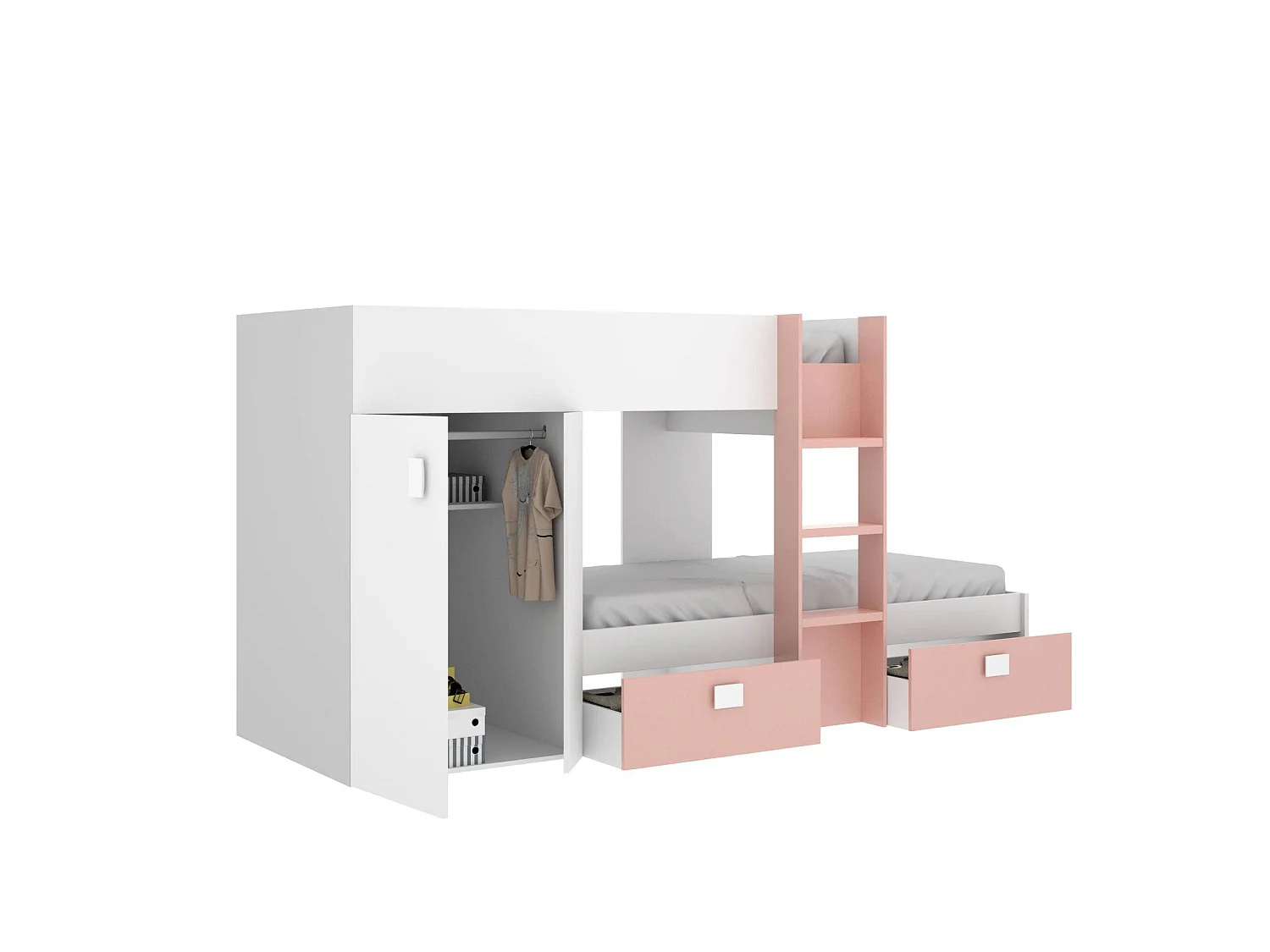 Lit enfant Cevedale, Chambre complète avec armoire et tiroirs, Composition de lits superposés avec deux lits simples, 271x111h150 cm, Blanc et Rose