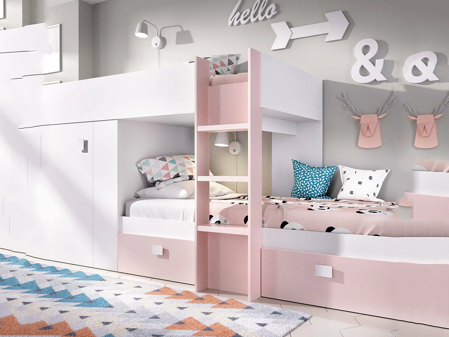Lit enfant Cevedale, Chambre complète avec armoire et tiroirs, Composition de lits superposés avec deux lits simples, 271x111h150 cm, Blanc et Rose