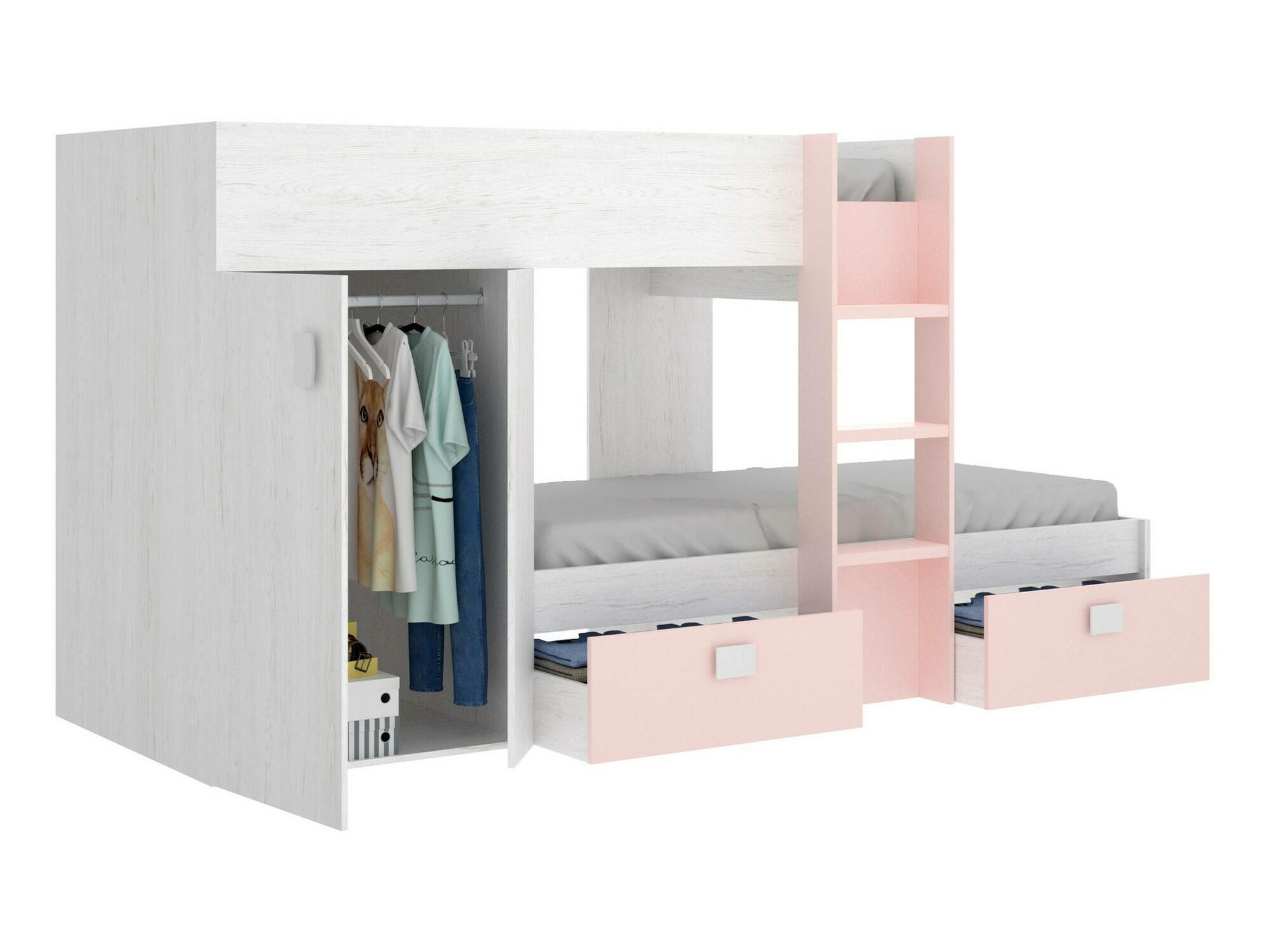 Letto per bambini Cevedale, Cameretta completa con armadio e cassetti,  Composizione letto, 271x111h150 cm, Bianco e Rosa