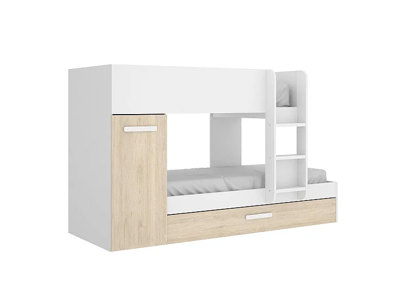 Lit enfant Eiger, Chambre complète avec armoire et tiroir, Composition de lits superposés avec deux lits simples, 244x112h150 cm, Chêne et Blanc