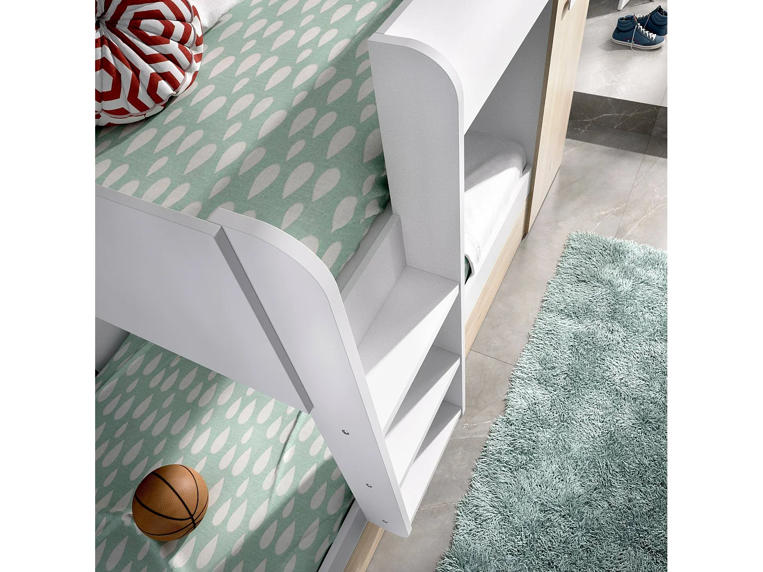 Lit enfant Eiger, Chambre complète avec armoire et tiroir, Composition de lits superposés avec deux lits simples, 244x112h150 cm, Chêne et Blanc