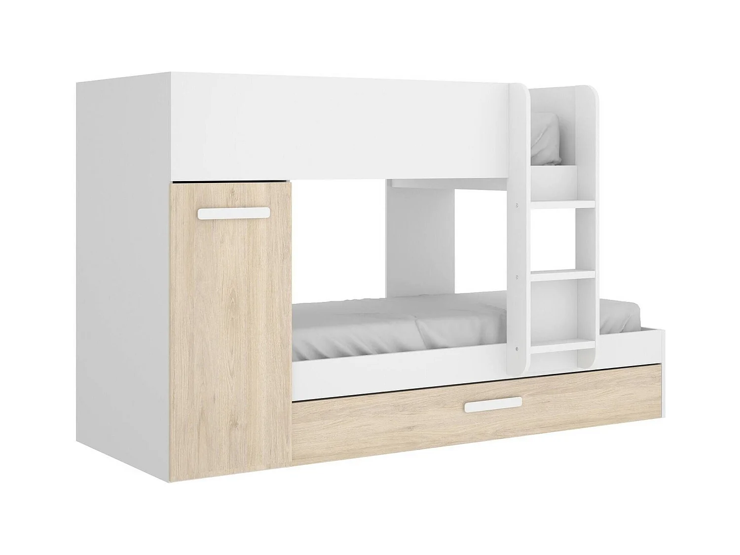 Lit enfant Eiger, Chambre complète avec armoire et tiroir, Composition de lits superposés avec deux lits simples, 244x112h150 cm, Chêne et Blanc