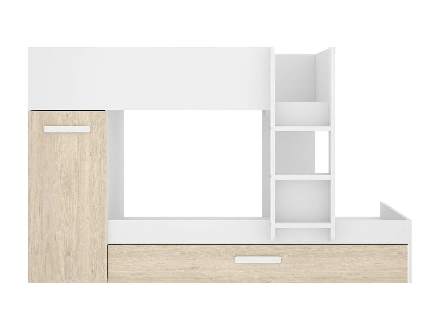Lit enfant Eiger, Chambre complète avec armoire et tiroir, Composition de lits superposés avec deux lits simples, 244x112h150 cm, Chêne et Blanc