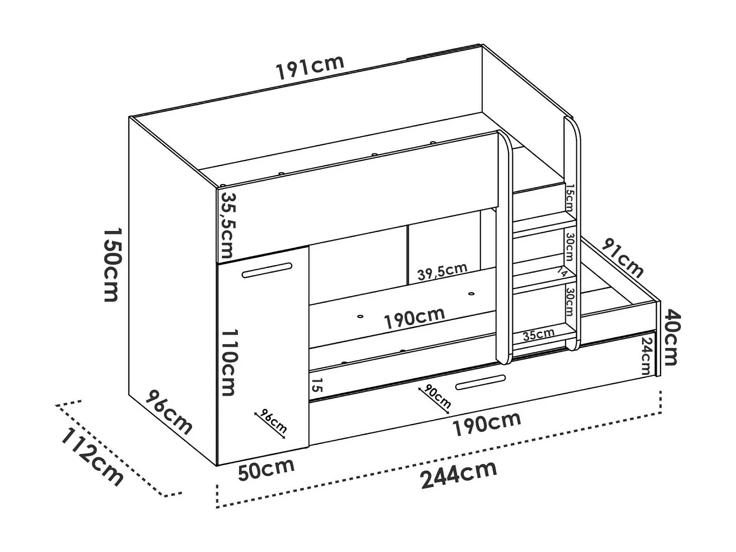 Letto per bambini Eiger, Cameretta completa con armadio e cassetto, Composizione letto a castello con due lettini singoli, 244x112h150 cm, Rovere e Bianco
