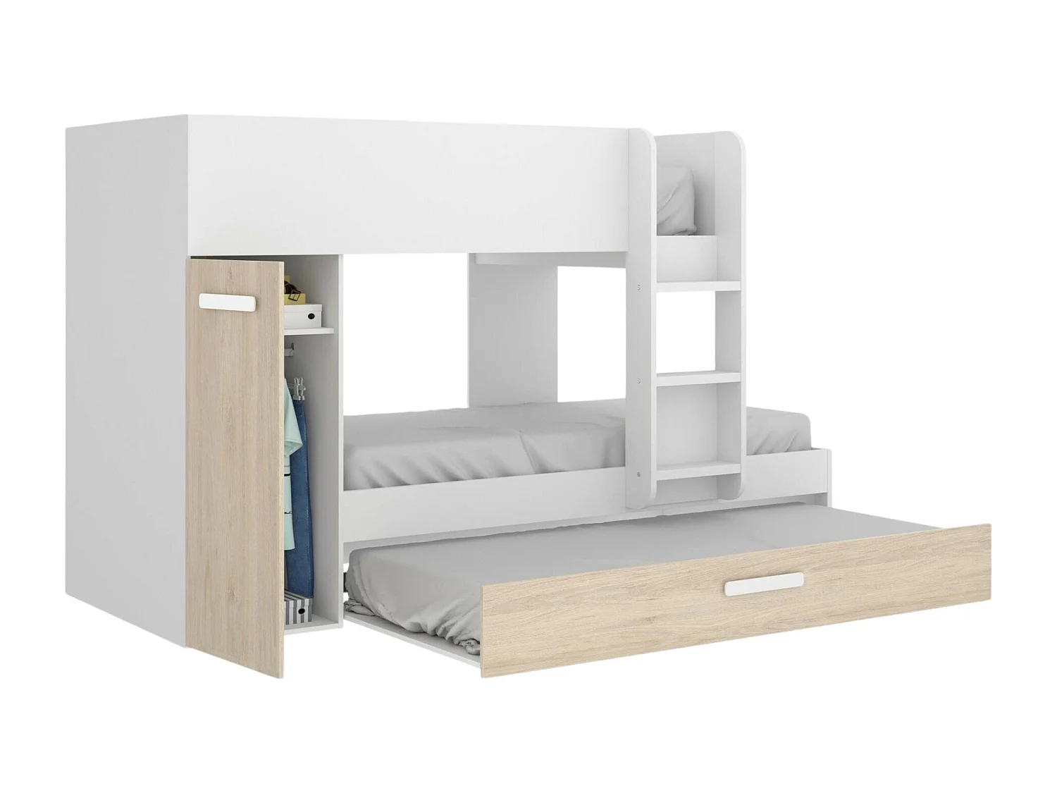 Letto per bambini Eiger, Cameretta completa con armadio e cassetto, Composizione letto a castello con due lettini singoli, 244x112h150 cm, Rovere e Bianco