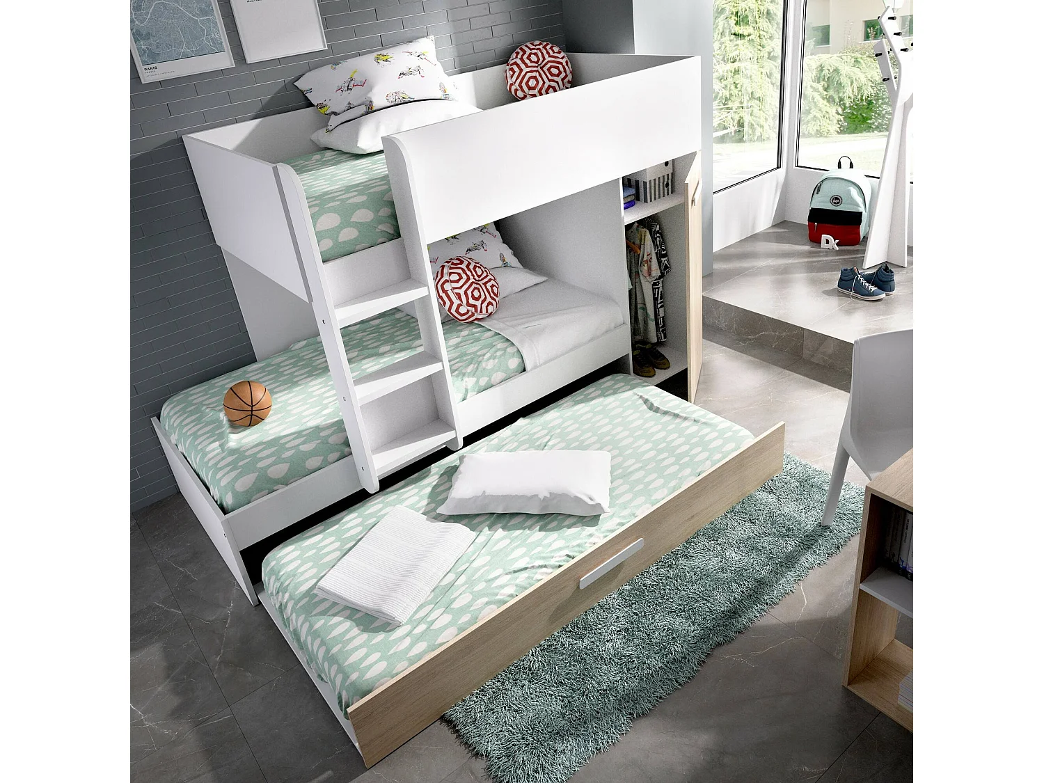 Lit enfant Eiger, Chambre complète avec armoire et tiroir, Composition de lits superposés avec deux lits simples, 244x112h150 cm, Chêne et Blanc