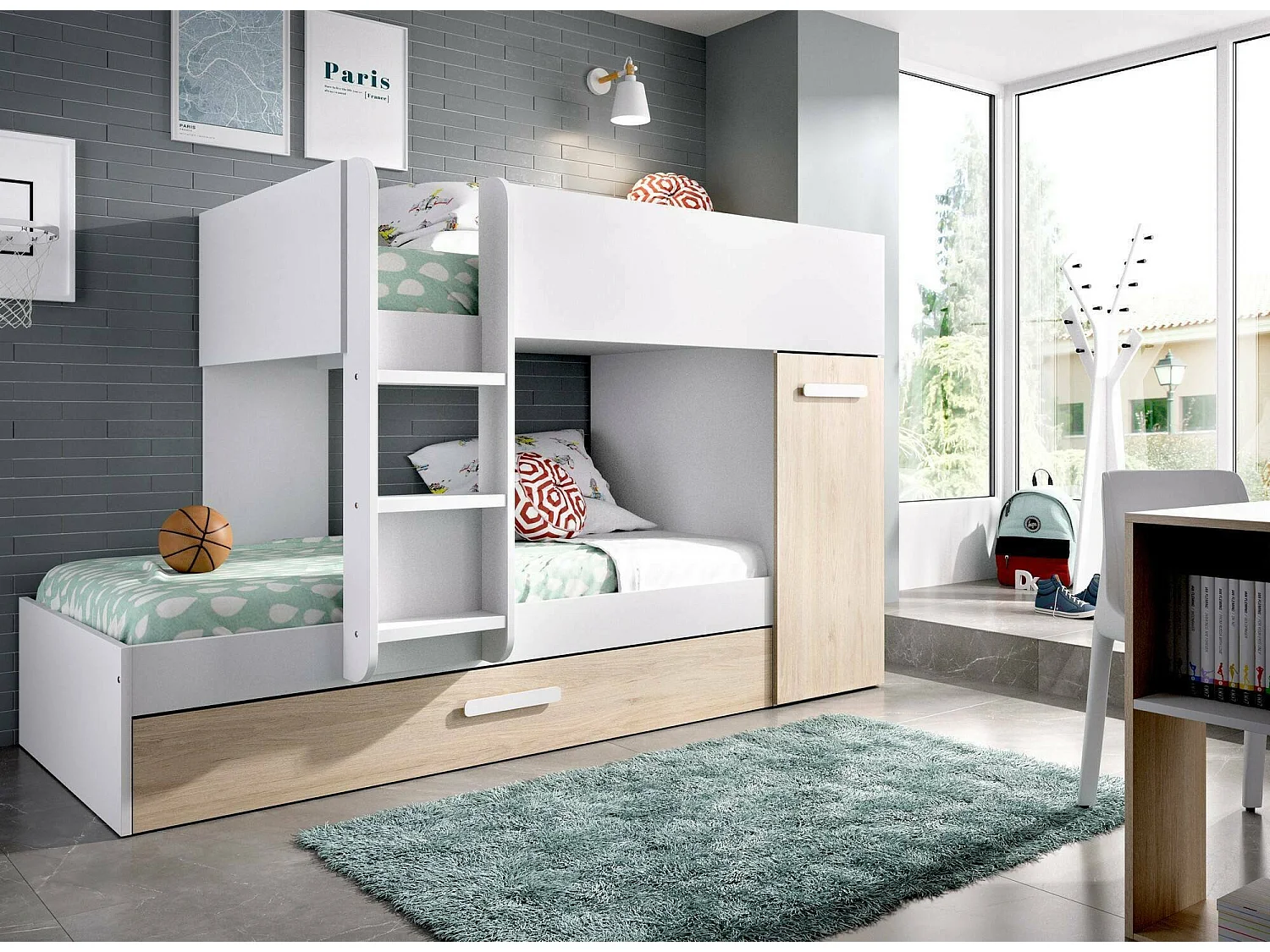 Lit enfant Eiger, Chambre complète avec armoire et tiroir, Composition de lits superposés avec deux lits simples, 244x112h150 cm, Chêne et Blanc