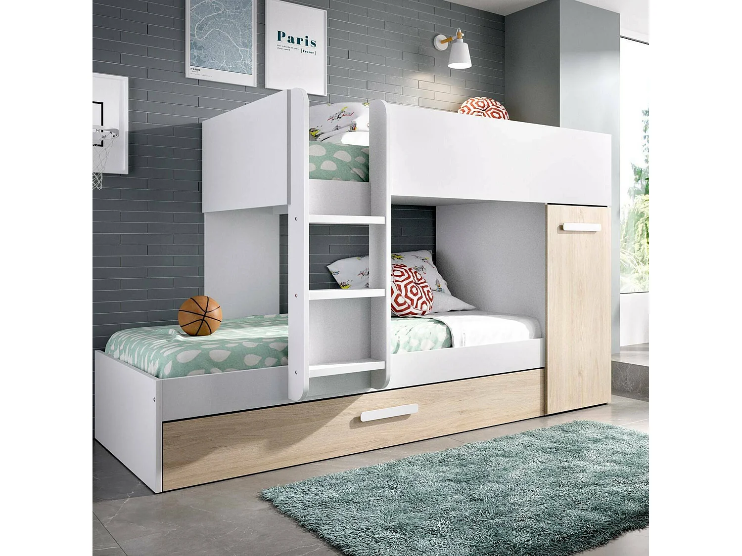 Lit enfant Eiger, Chambre complète avec armoire et tiroir, Composition de lits superposés avec deux lits simples, 244x112h150 cm, Chêne et Blanc