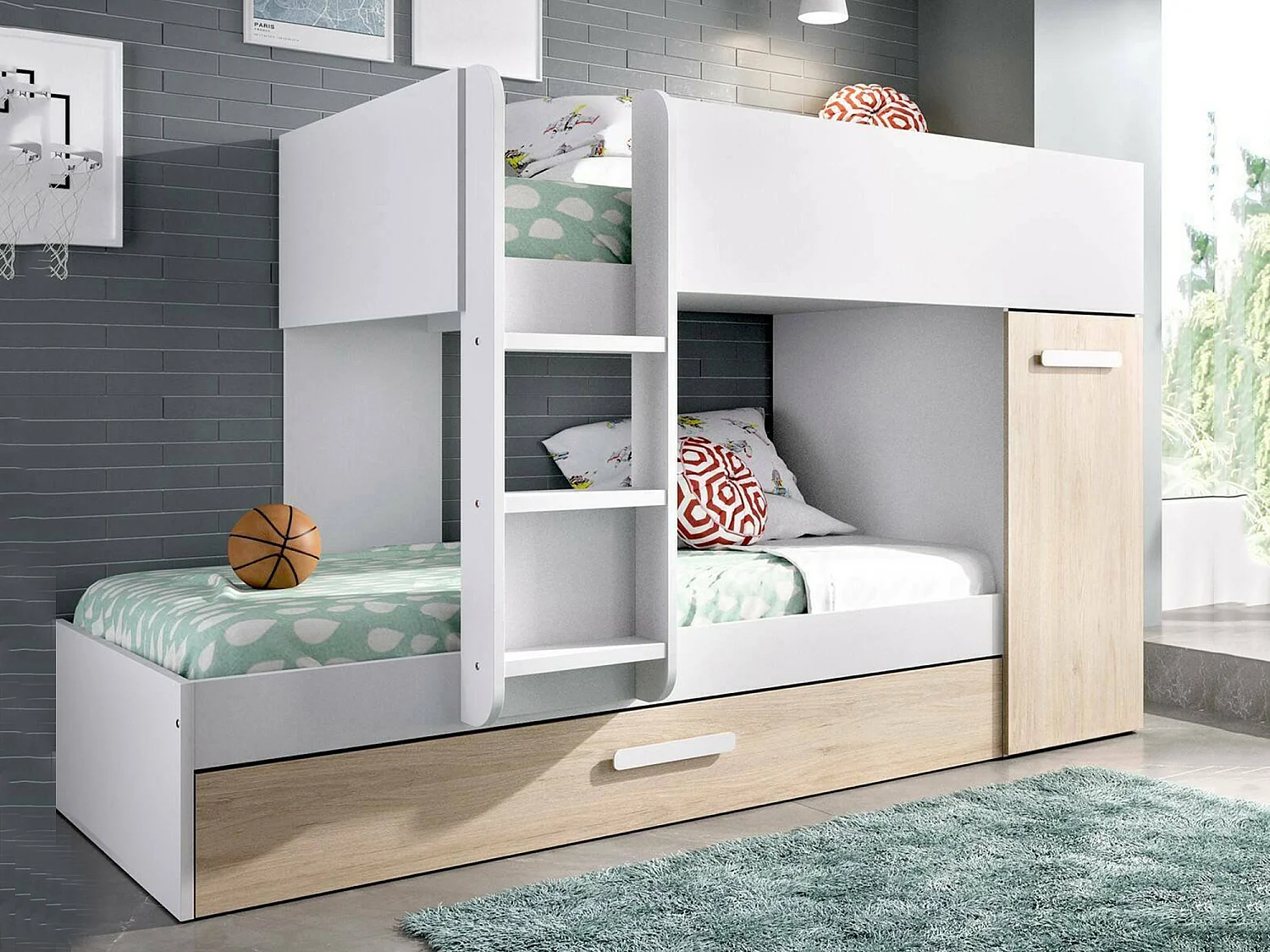 Lit enfant Eiger, Chambre complète avec armoire et tiroir, Composition de lits superposés avec deux lits simples, 244x112h150 cm, Chêne et Blanc