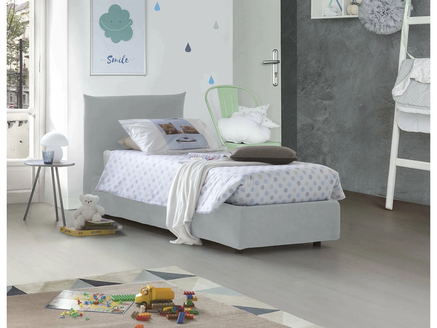 Cama de solteiro Cosetta, Cama arrumação com forro de tecido, 100% Fabricado na Itália, Abertura lateral, com colchão 80x190 cm incluído, Branco