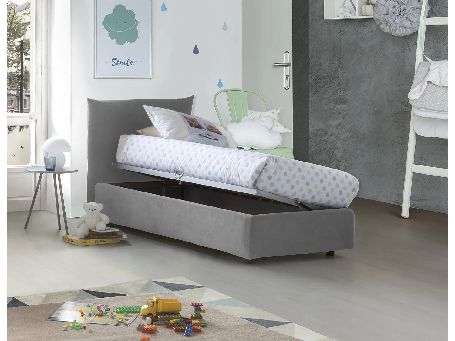 Lit simple Cosetta, Lit coffre avec revêtement en tissu, 100% Made in Italy, Ouverture latérale, avec matelas 80x190 cm inclus, Gris