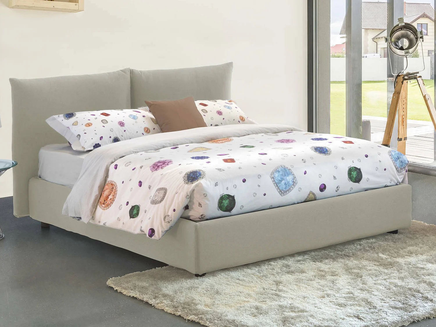 Talamo Italia Tweepersoonsbed Cristyn Beige Inclusief Matras, Afneembaar, Opslagruimtes. Made in Italy