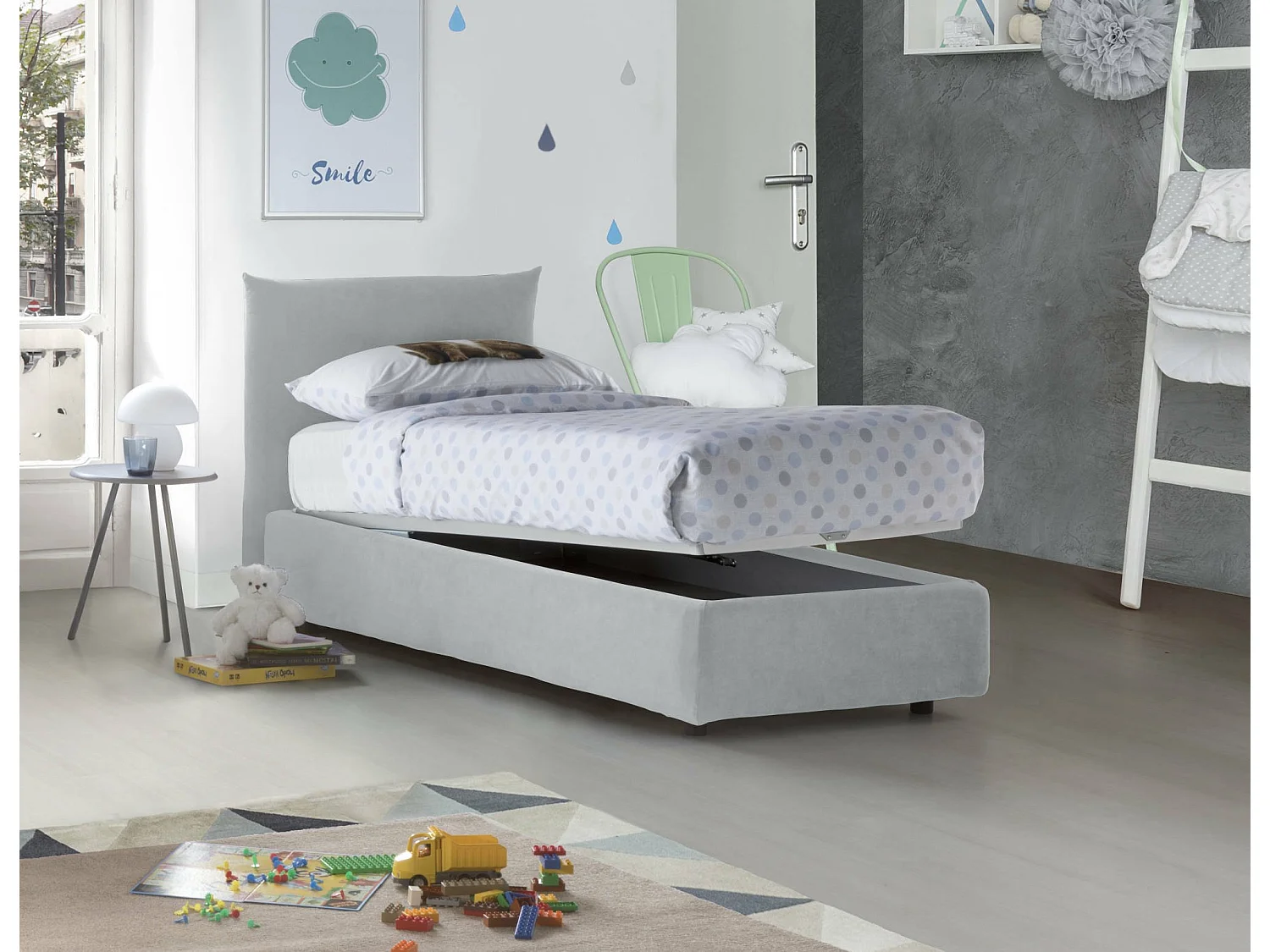 Lit simple Daisy, Lit coffre avec revêtement en tissu, 100% Made in Italy, Ouverture frontale, avec matelas 80x190 cm inclus, Blanc