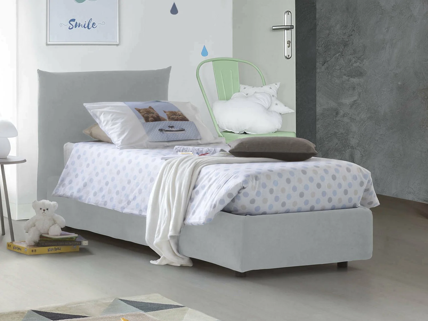 Cama individual Daisy, Cama contenedor con revestimiento de tela, 100% Made in Italy, Apertura frontal, con colchón 80x190 cm incluido, Blanco