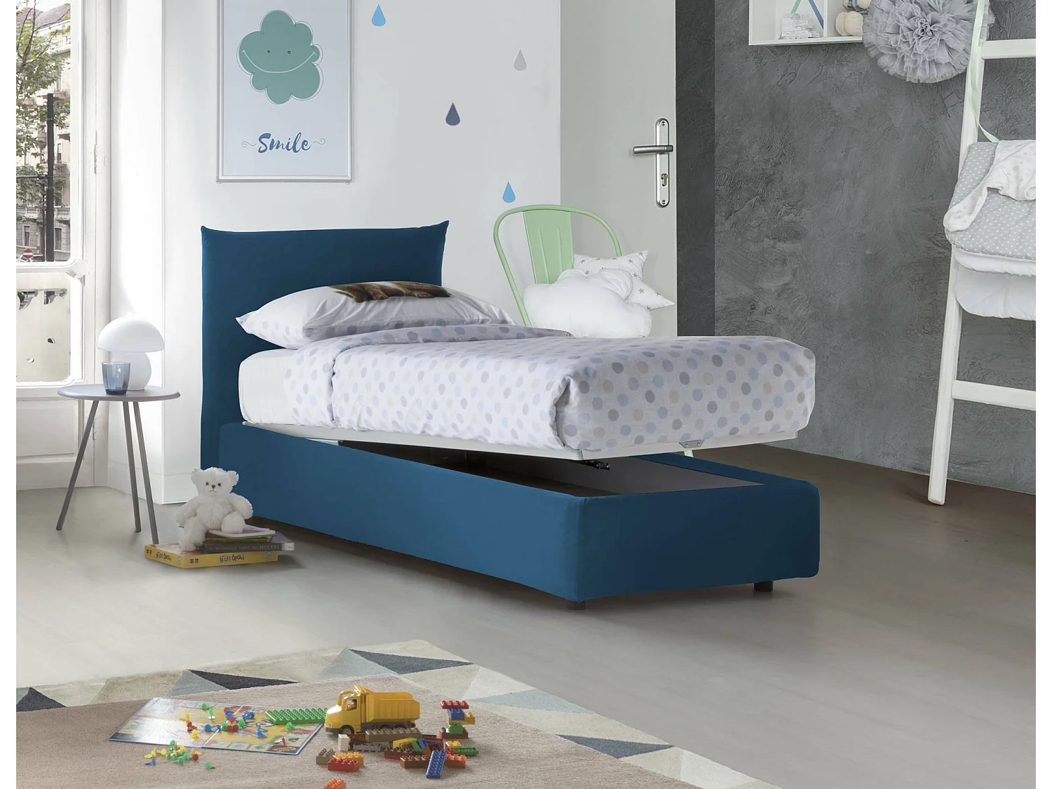Lit simple Daisy, Lit coffre avec revêtement en tissu, 100% Made in Italy, Ouverture frontale, avec matelas 80x190 cm inclus, Bleu