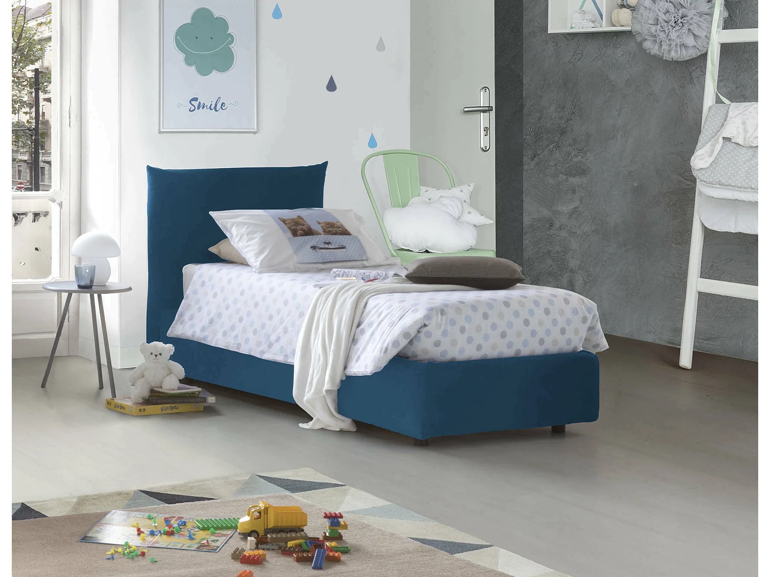 Lit simple Daisy, Lit coffre avec revêtement en tissu, 100% Made in Italy, Ouverture frontale, avec matelas 80x190 cm inclus, Bleu