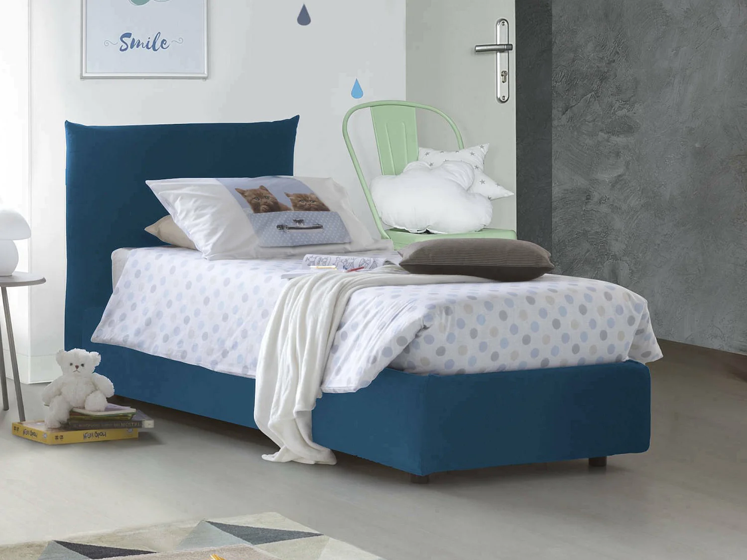 Cama individual Daisy, Cama contenedor con revestimiento de tela, 100% Made in Italy, Apertura frontal, con colchón 80x190 cm incluido, Azul