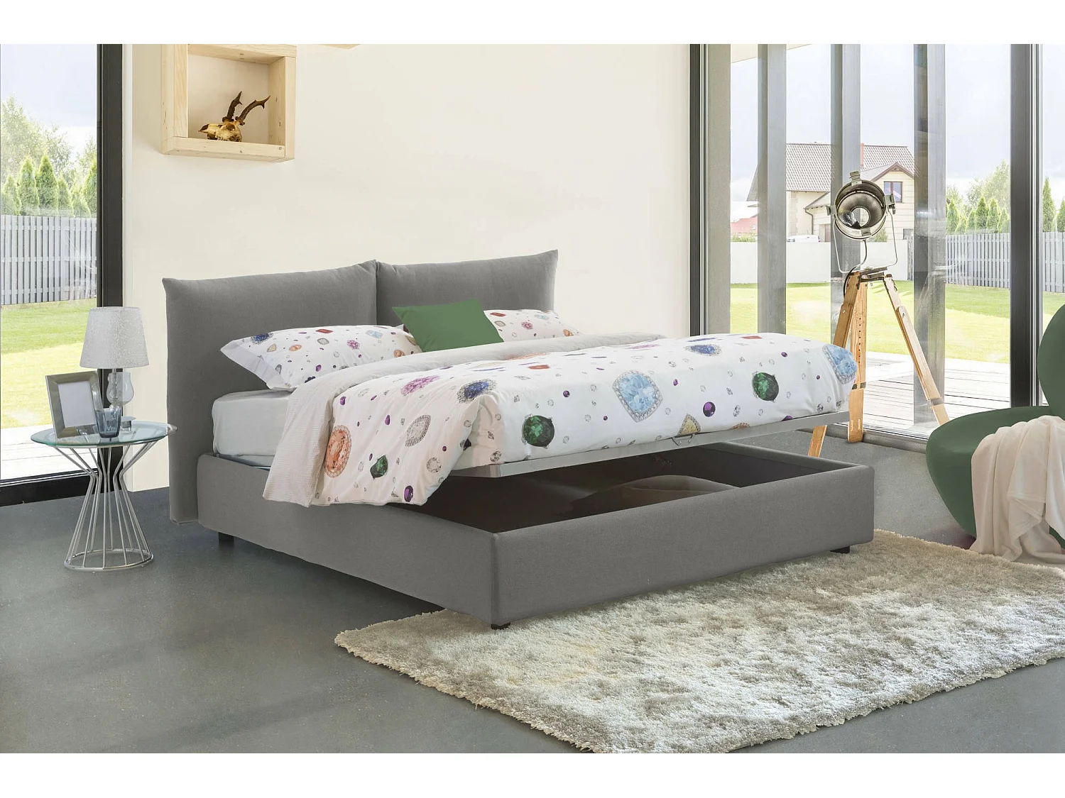 Doppelbett Cristel, Containerbett mit Stoffbespannung, 100% Made in Italy, Frontöffnung, inklusive Matratze 160x190 cm, Grau