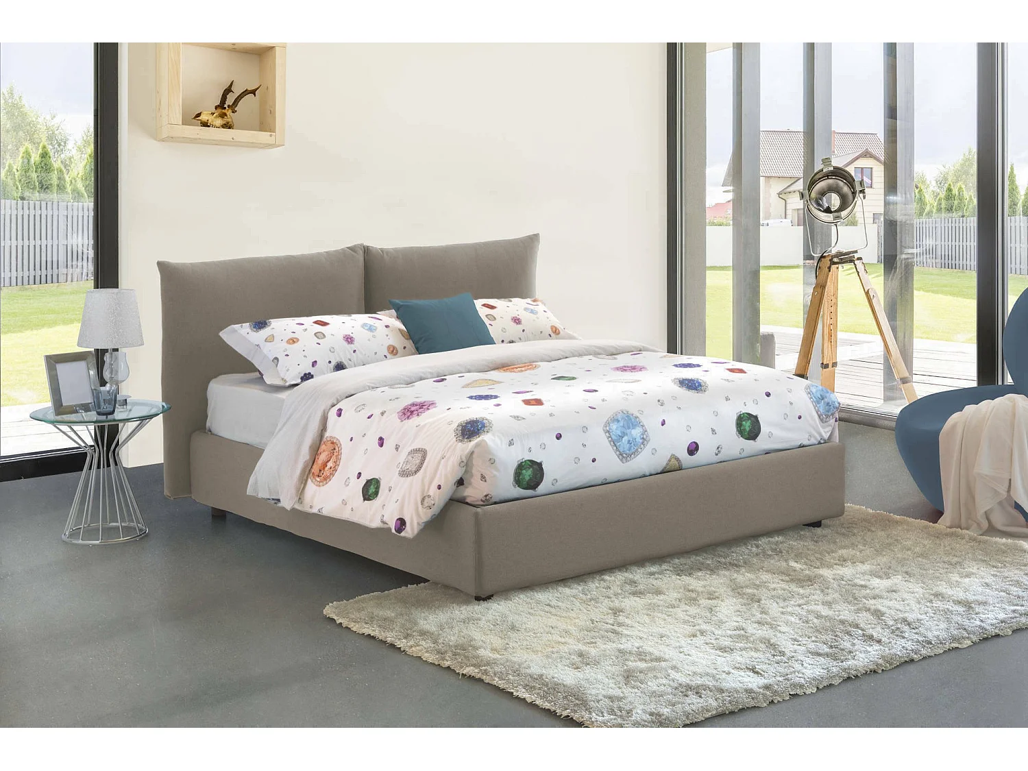 Cama matrimonial Cristel, Cama contenedor con revestimiento de tela, 100% Made in Italy, Apertura frontal, con colchón 160x190 cm incluido, Tórtola