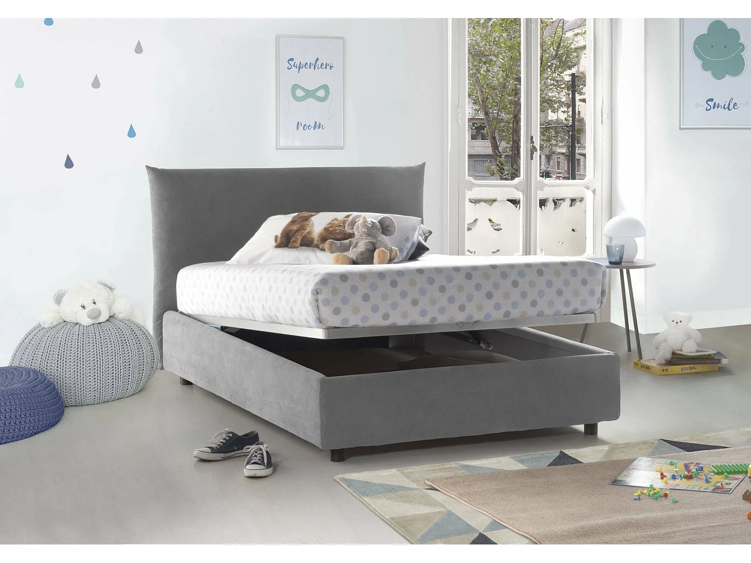 Lit double Creta, lit coffre avec revêtement en tissu, 100% Made in Italy, ouverture frontale, avec matelas 120x190 cm inclus, gris