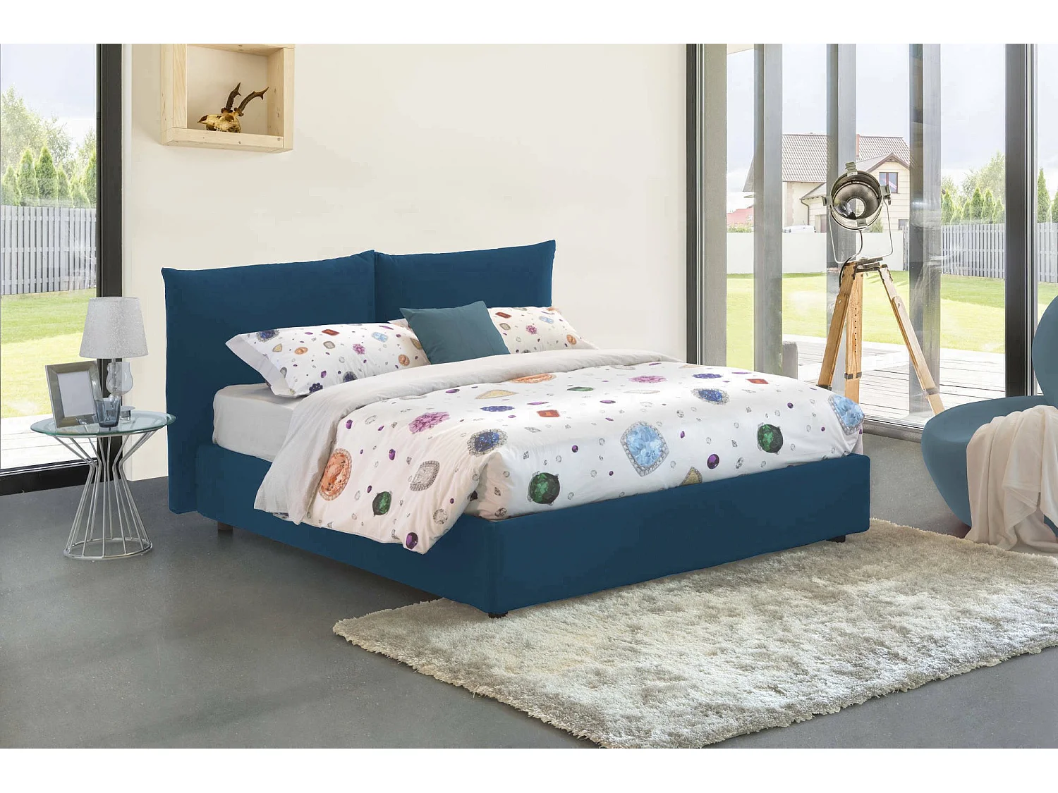 Cama matrimonial Cristel, Cama contenedor con revestimiento de tela, 100% Made in Italy, Apertura frontal, con colchón 160x190 cm incluido, Azul