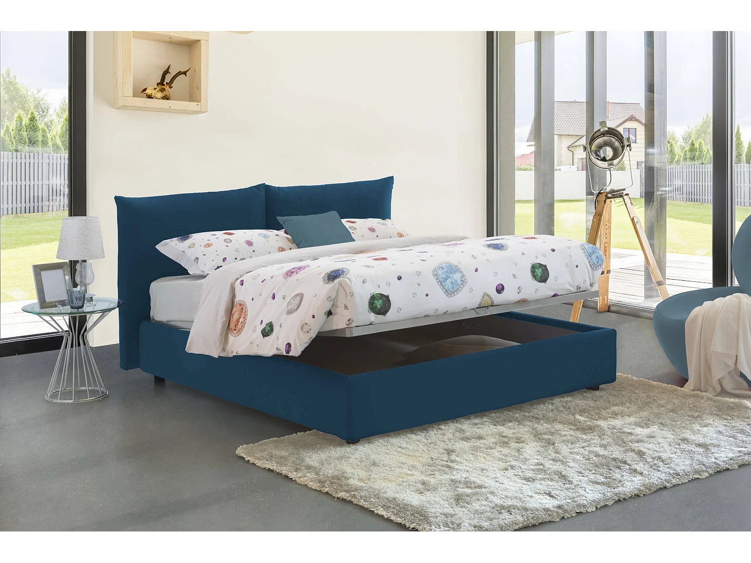 Cama matrimonial Cristel, Cama contenedor con revestimiento de tela, 100% Made in Italy, Apertura frontal, con colchón 160x190 cm incluido, Azul