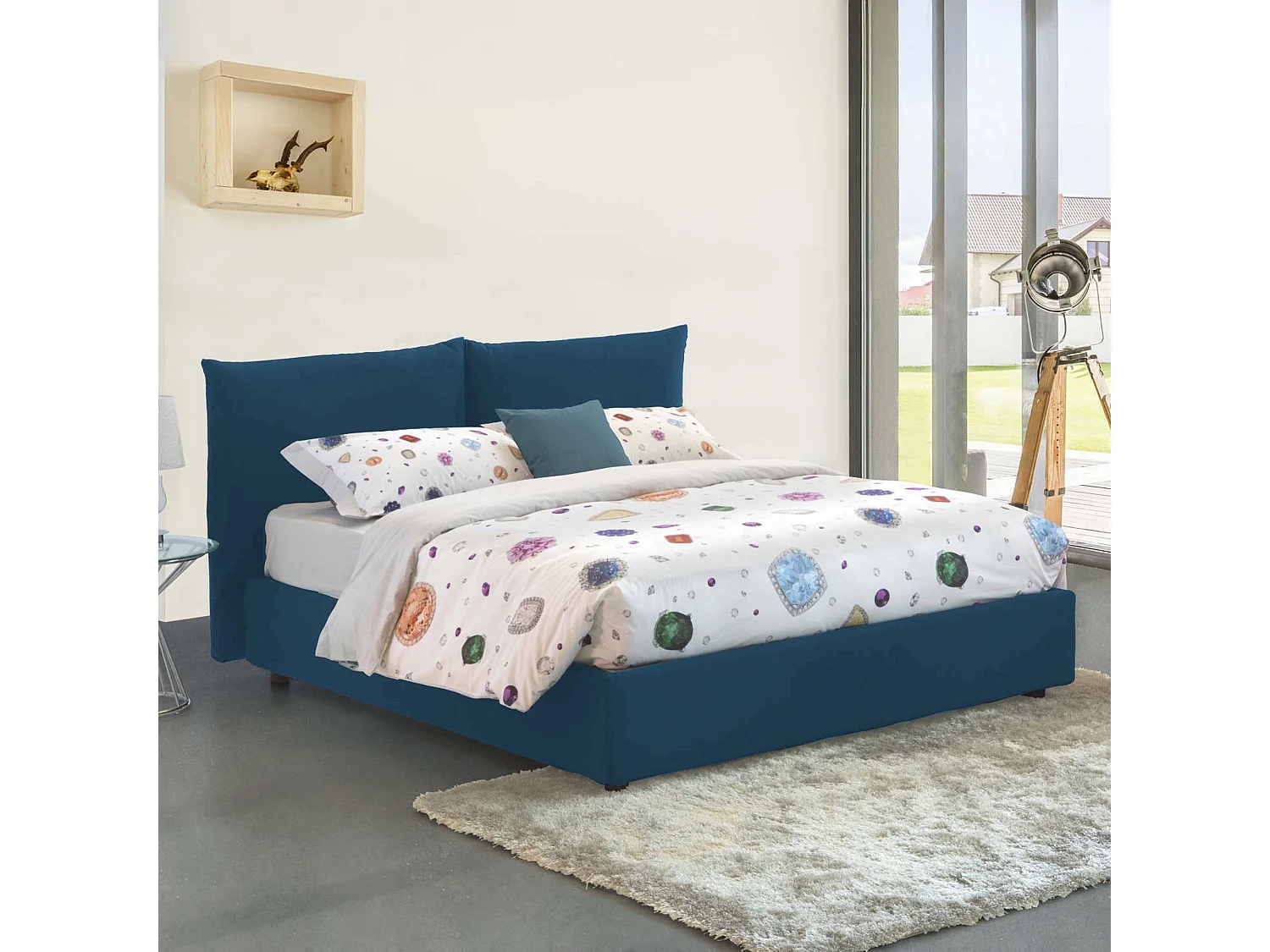 Lit double Cristel, Lit coffre avec revêtement en tissu, 100% Made in Italy, Ouverture frontale, avec matelas 160x190 cm inclus, Bleu