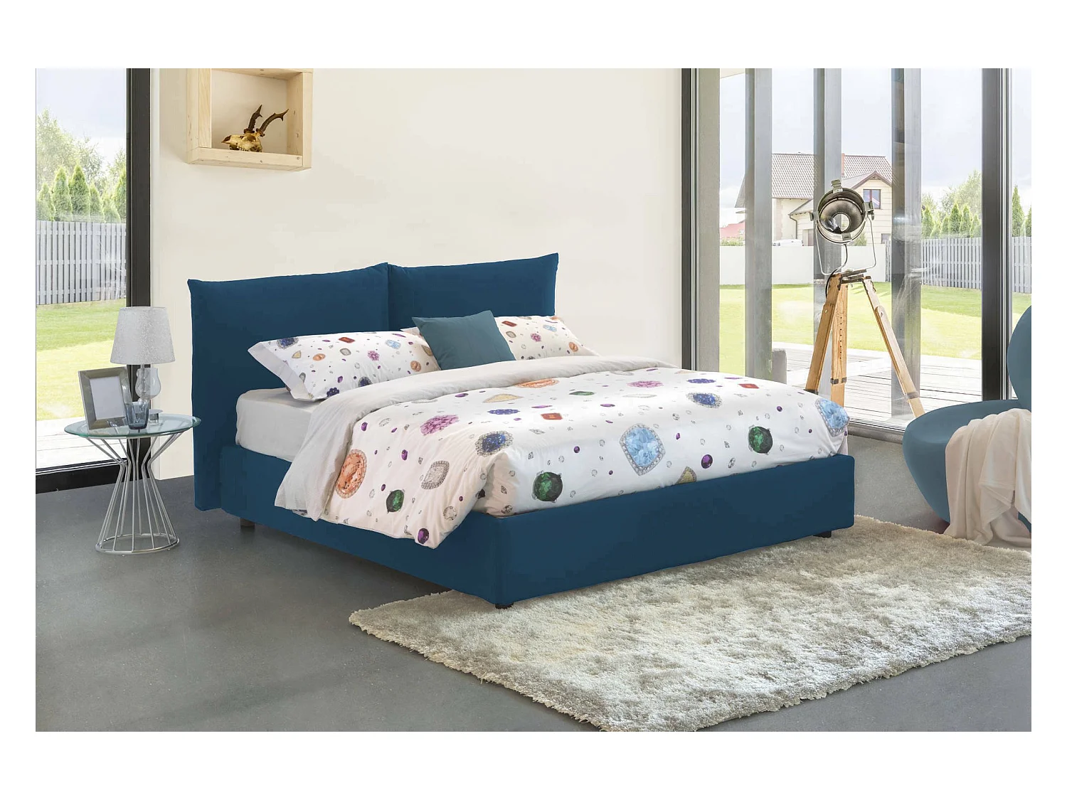 Letto matrimoniale Cristyn, Letto contenitore con rivestimento in tessuto, 100% Made in Italy, Apertura frontale, con materasso Cm 160x200 incluso, Blu