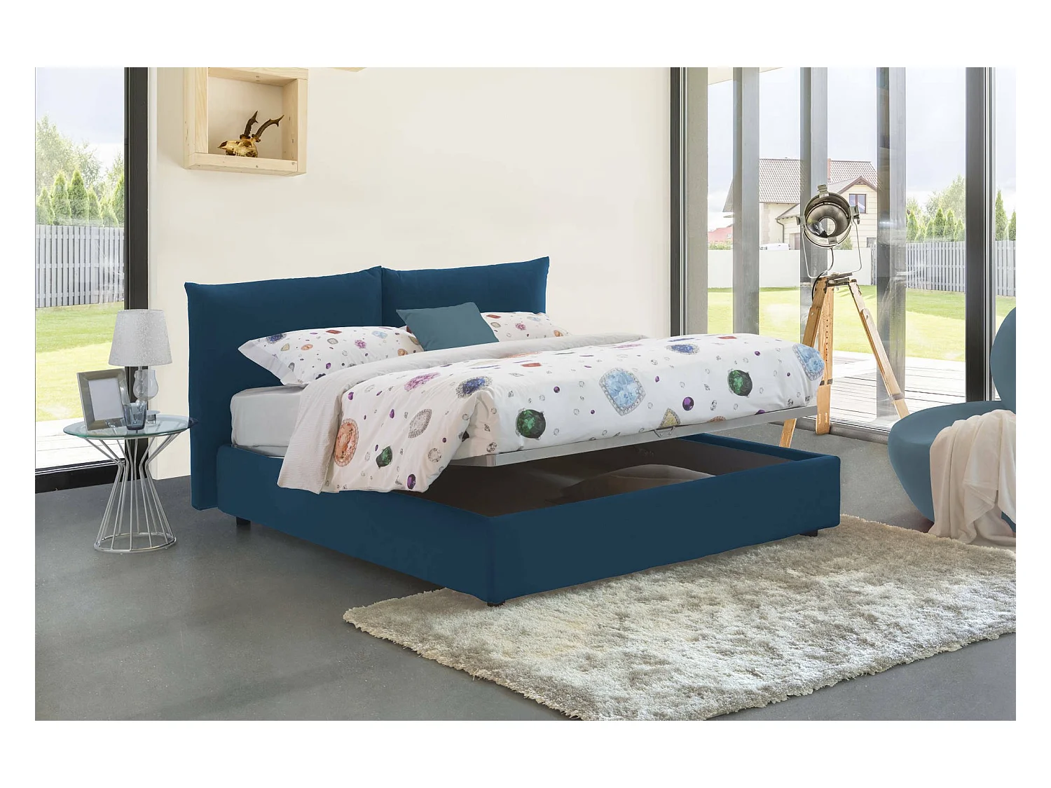 Letto matrimoniale Cristyn, Letto contenitore con rivestimento in tessuto, 100% Made in Italy, Apertura frontale, con materasso Cm 160x200 incluso, Blu